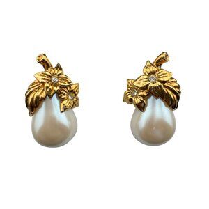 Vintage Avon Gold-Tone Faux Pearl & Flower Earrings With Rhinestone Accents Eleg